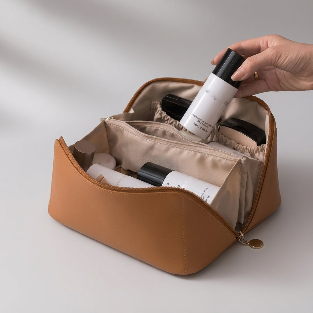 Reise-Make-up-Organizer aus Kunstleder mit Fächern und großer Öffnung
