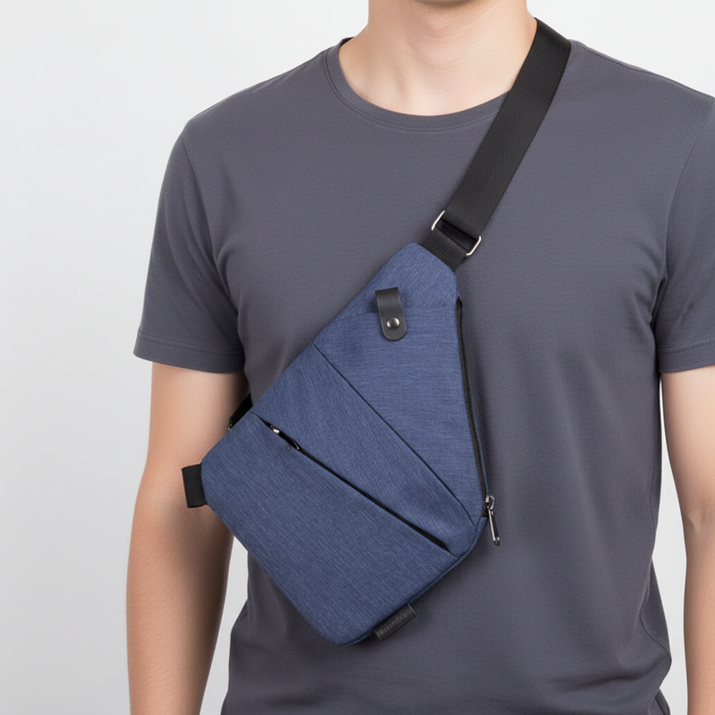 Ergonomisk vejrbestandig skuldertaske med flere lommer og tyverisikring