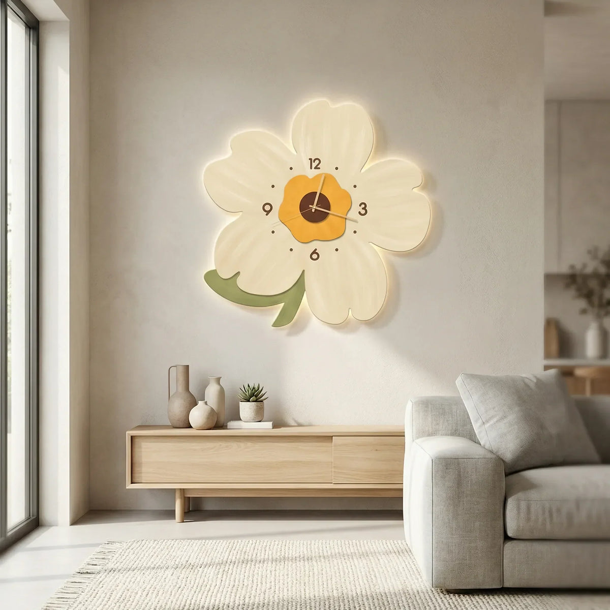 Florale Wanduhr mit geschichteter Blütenblattsilhouette und Ziffernmarkierungen