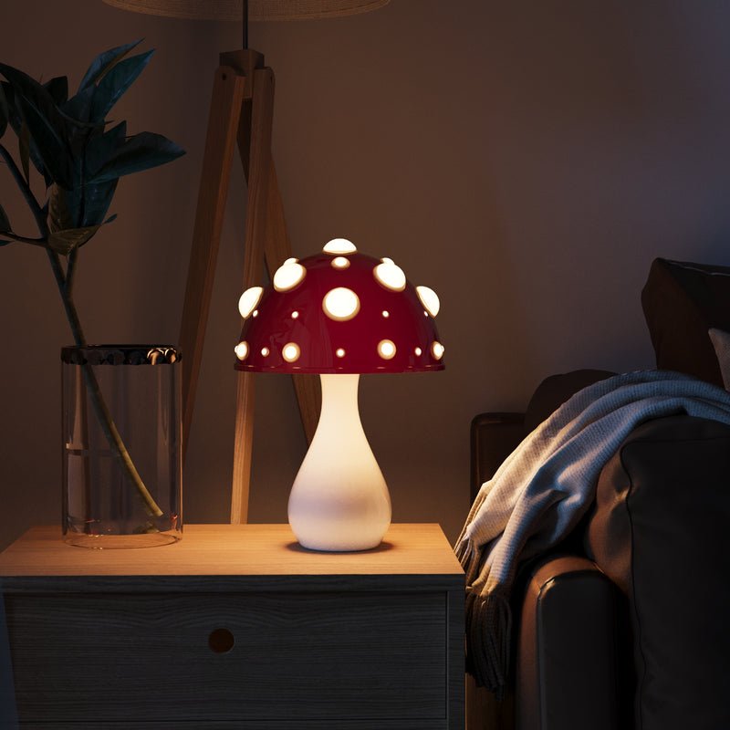 Skulpturel bordlampe med Amanita-svampekuppel, genopladelig og dæmpbar