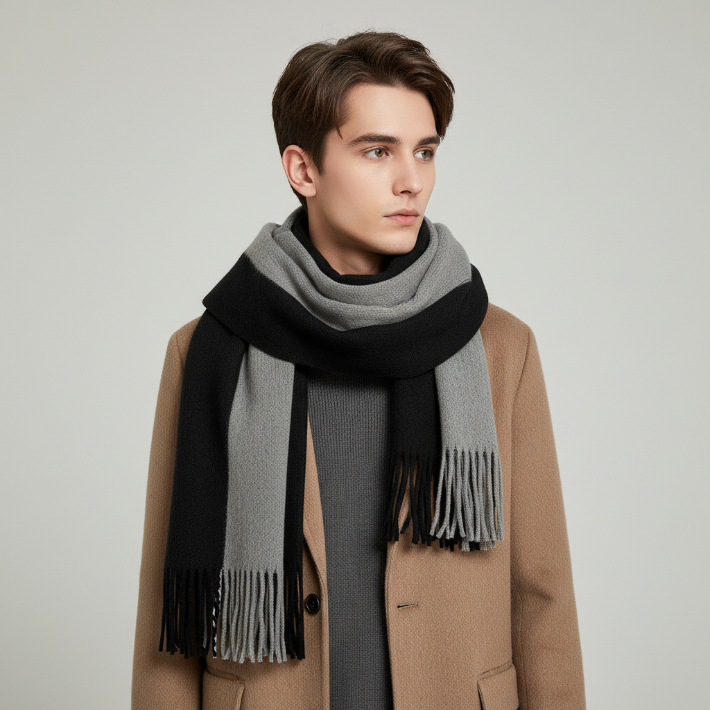 Ekstra langt sjal med frynser i to farver