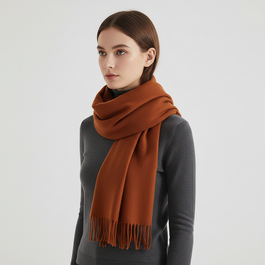 Blødt, fløjlsagtigt langt vintertørklæde med frynsekant