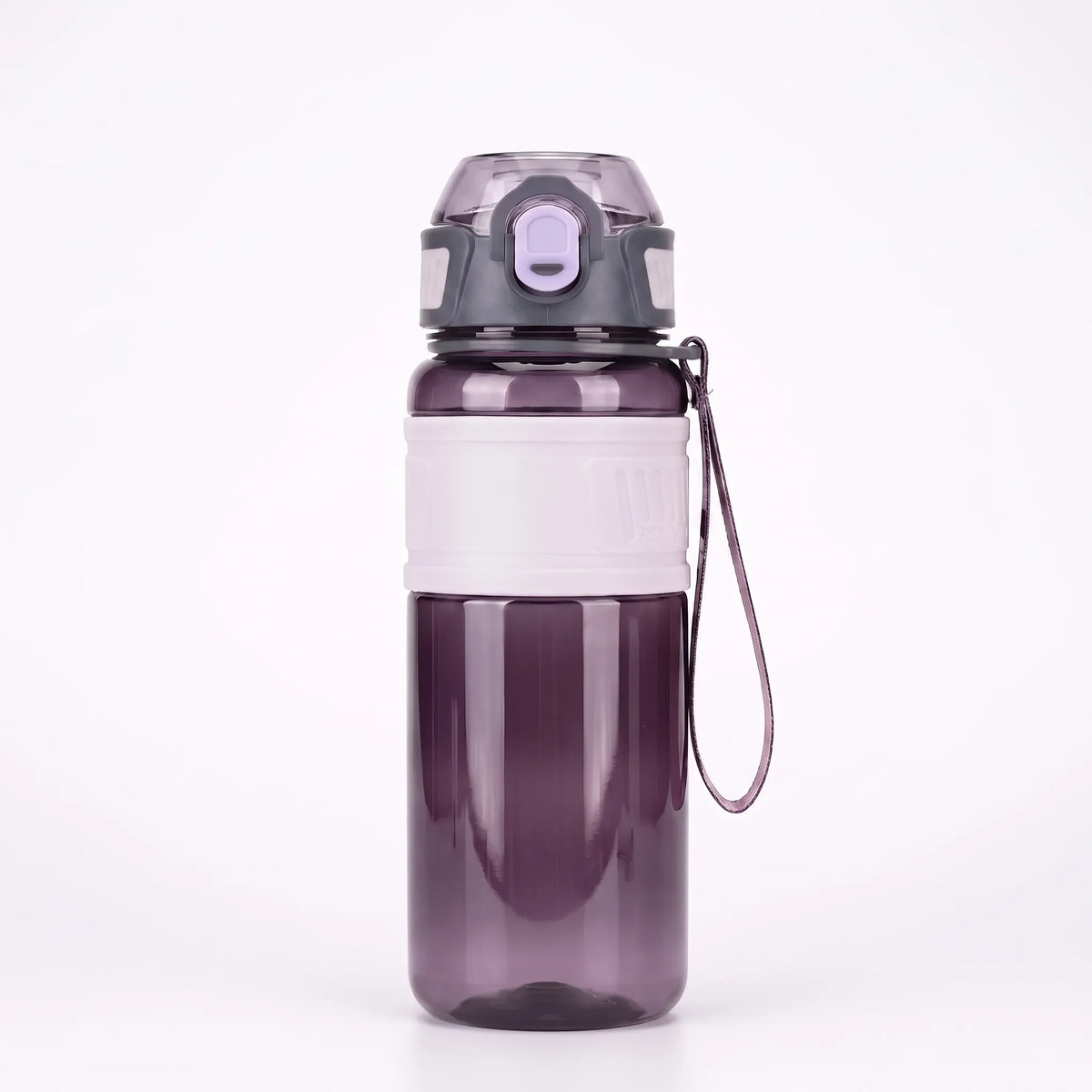 Durchscheinende Sport-Trinkflasche mit Klappverschluss, Strohhalm und Tragegurt
