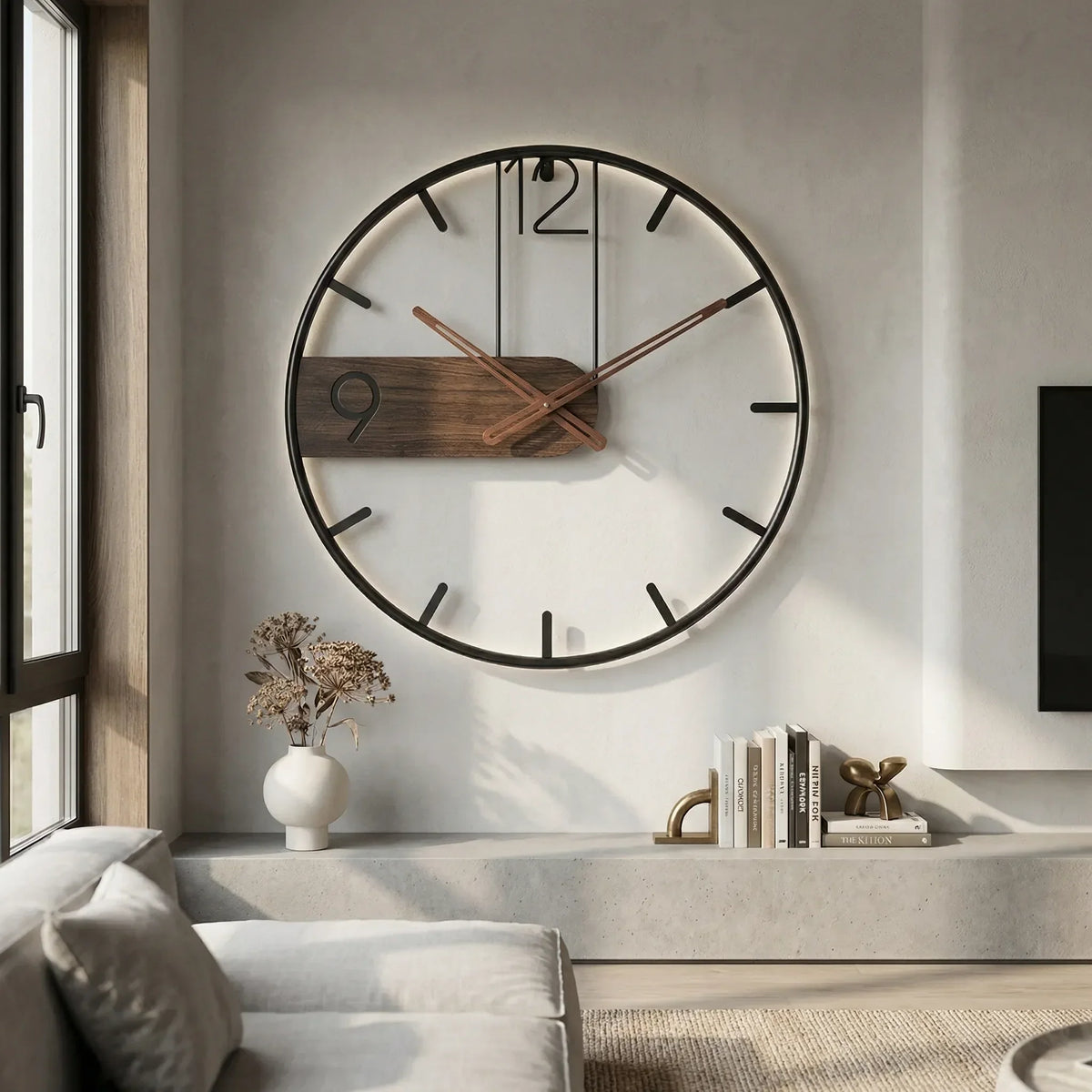 Industrielle leise Quarzwanduhr mit offenem Rahmen und Holzdetail