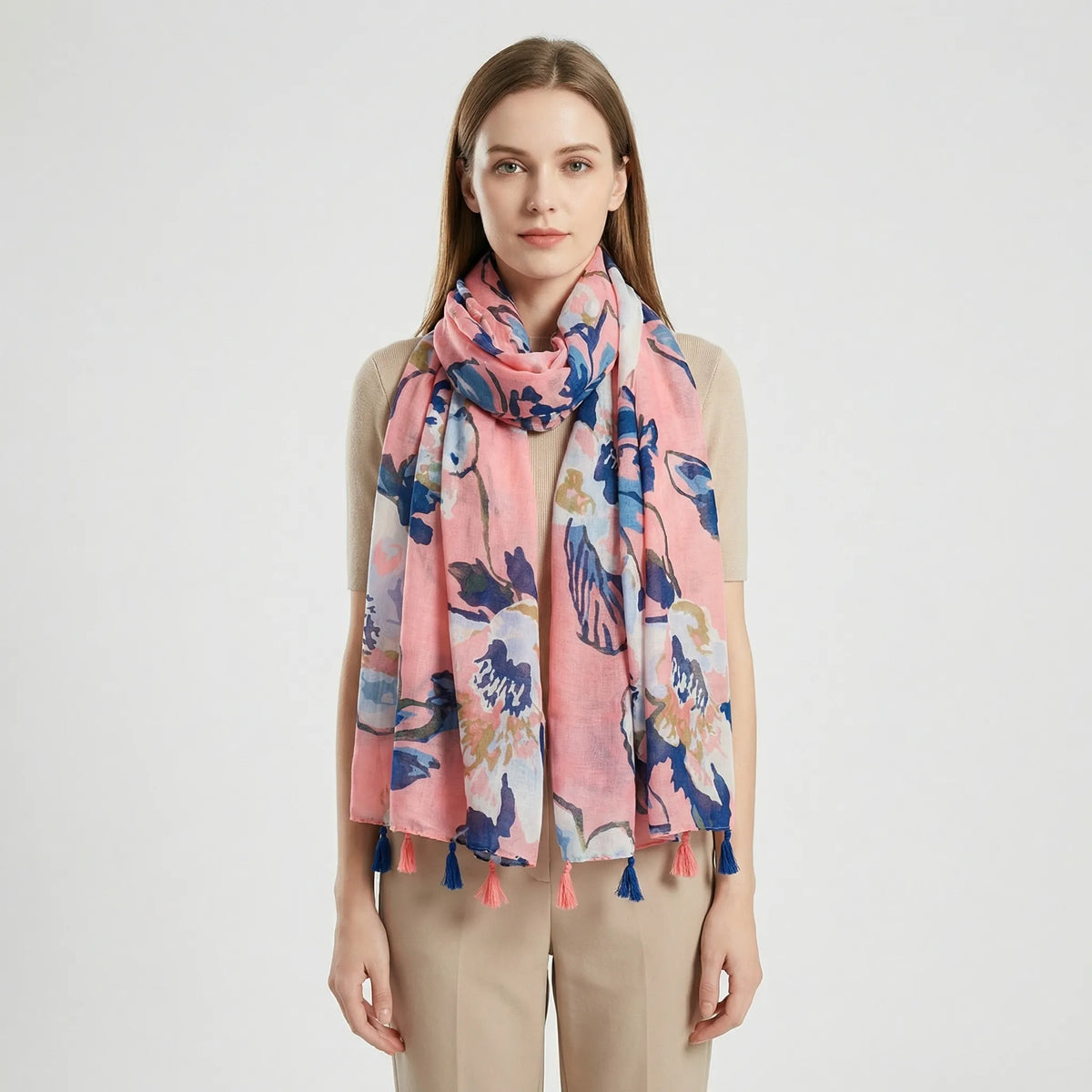 Boho-tørklæde til kvinder med blomsterprint, frynser og let sjaldesign