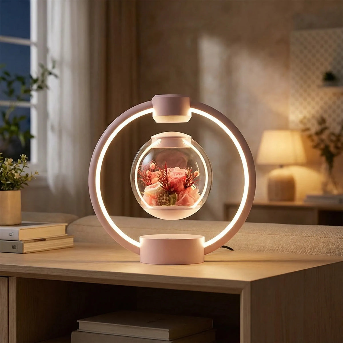 Schwebende Tischlampe mit Kugel, Magnetschwebetechnik, konservierten Blumen und Touch-Schalter