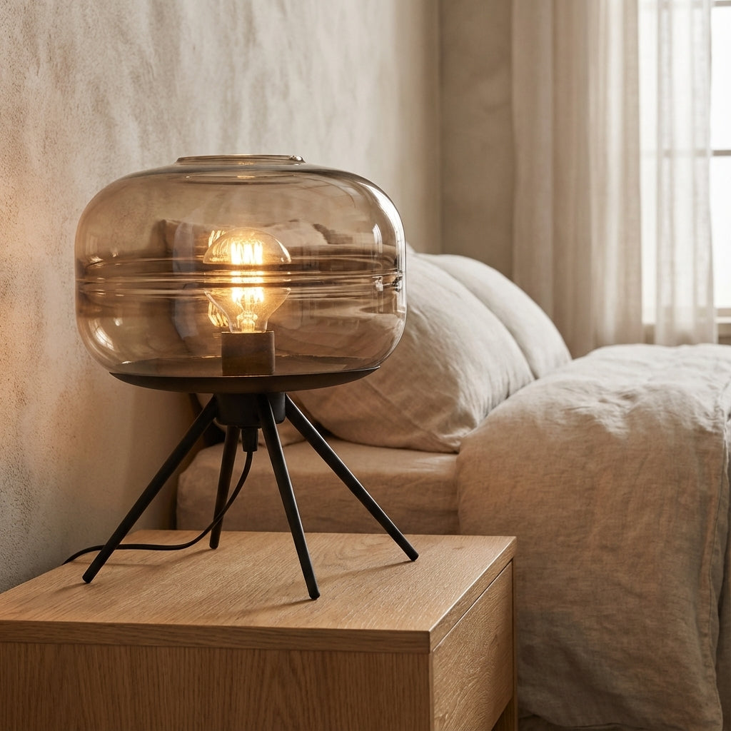 Skulpturale Tischlampe mit vierbeinigem Metallsockel und Glasschirm