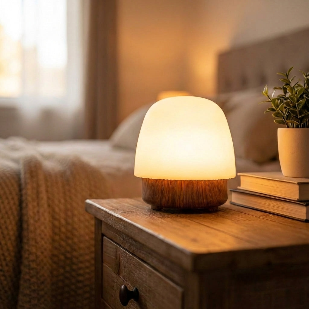 Skulpturale minimalistische Tischlampe aus Metall und Glas mit Dimmfunktion und Farbwechsel