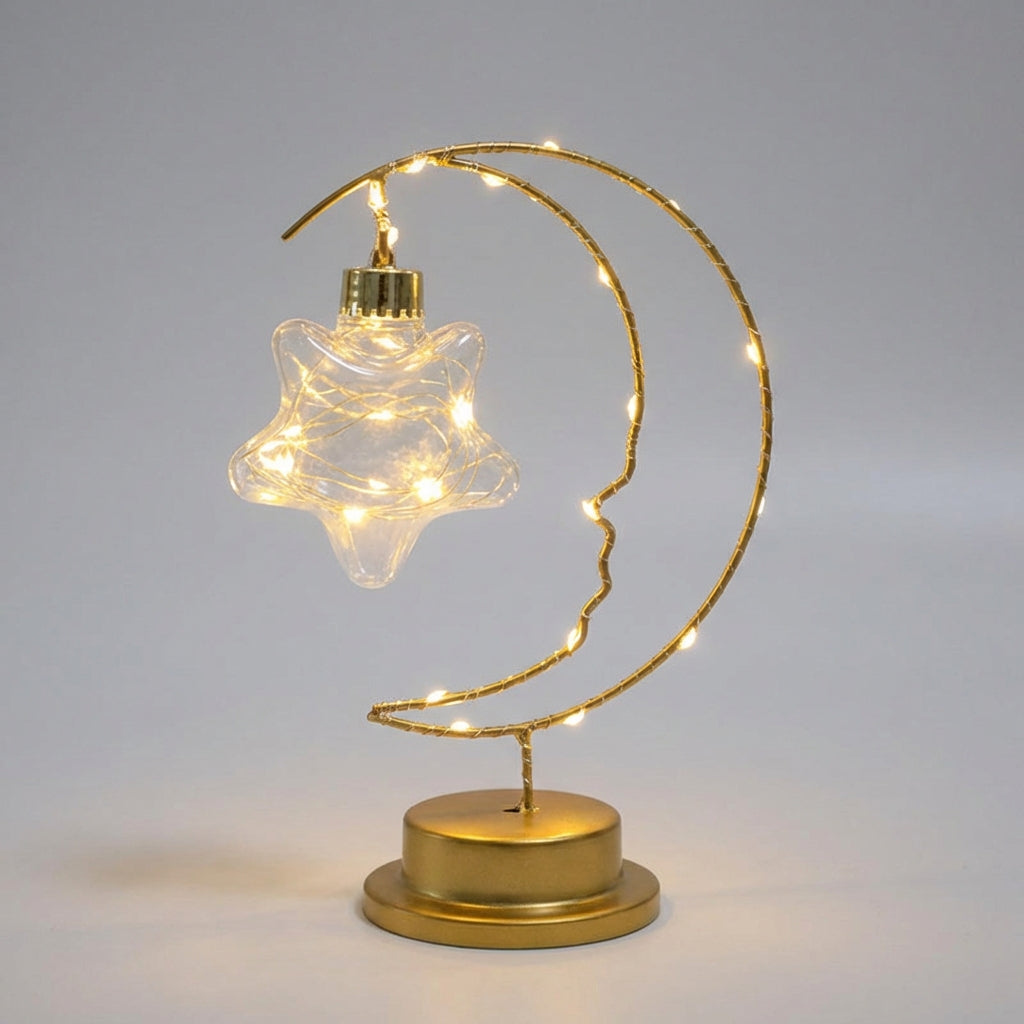 Dimm­bare Hängetischlampe mit geschwungener Mondsilhouette und gläsernem Stern