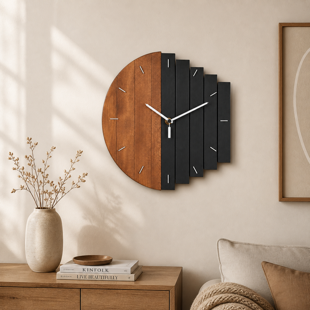 Minimalistische Wanduhr aus Naturholz mit analoger Anzeige