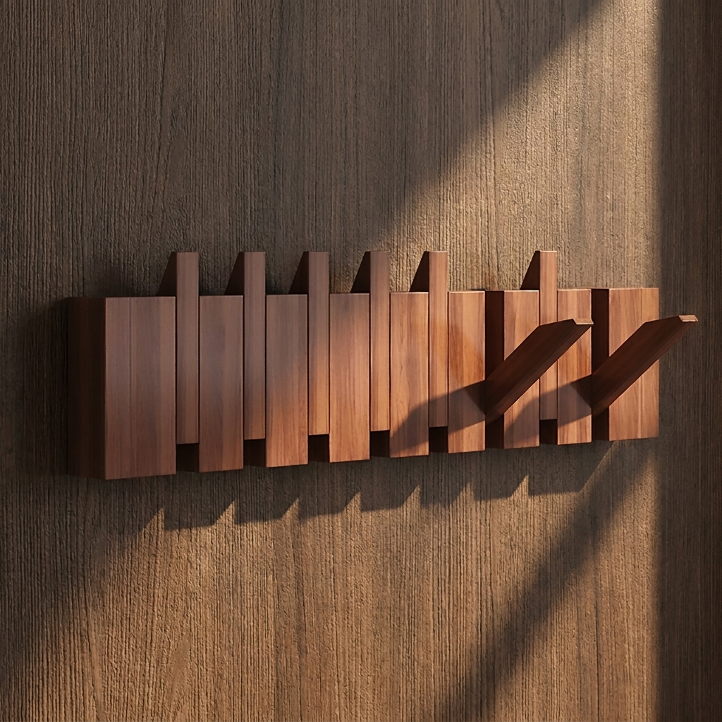 Klappbare Wandgarderobe aus Holz mit Paneelstruktur und Holzmaserung