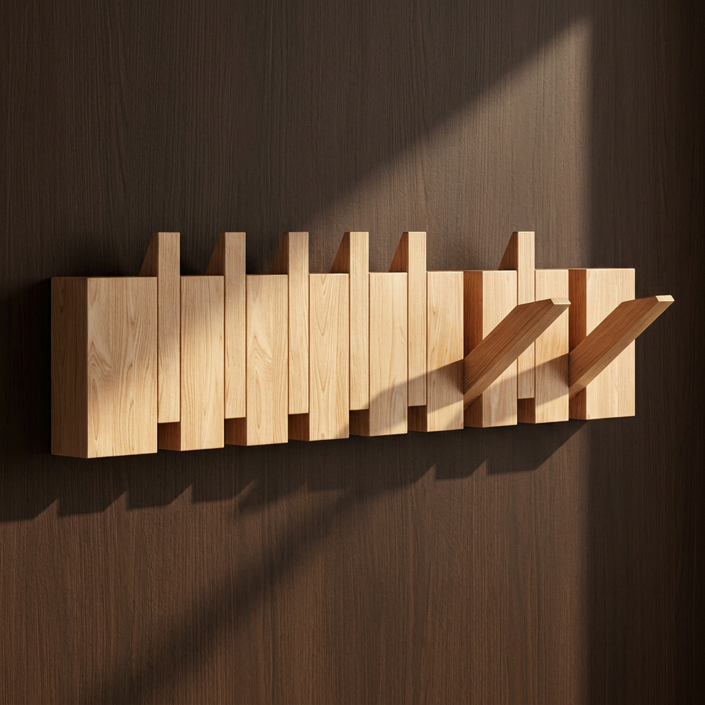 Klappbare Wandgarderobe aus Holz mit Paneelstruktur und Holzmaserung