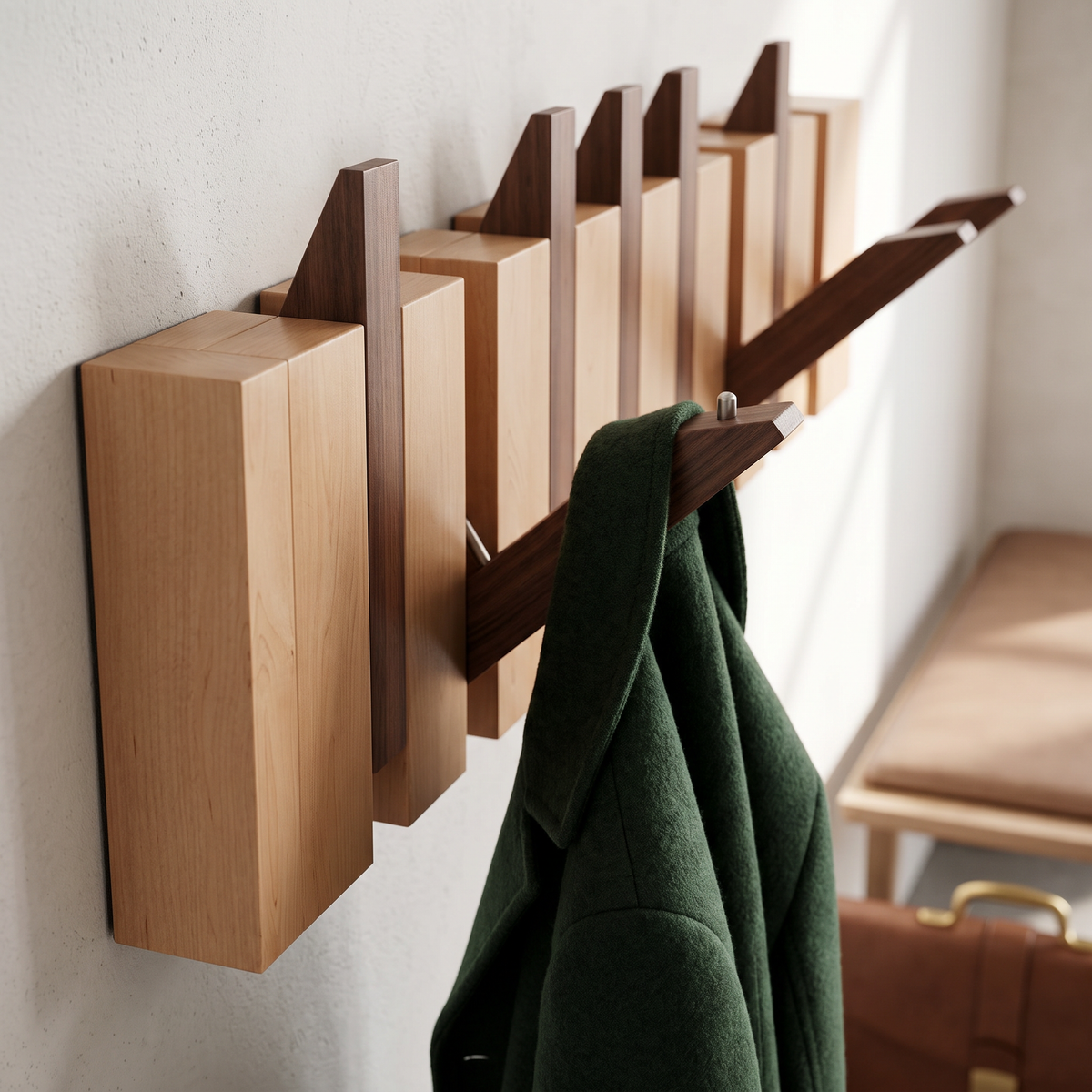 Klappbare Wandgarderobe aus Holz mit Paneelstruktur und Holzmaserung