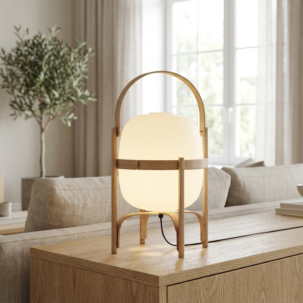 Tragbare Tischlampe aus Opalglas mit Holzrahmen und Griff