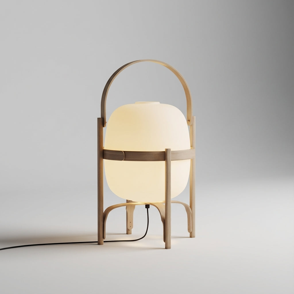 Tragbare Tischlampe aus Opalglas mit Holzrahmen und Griff