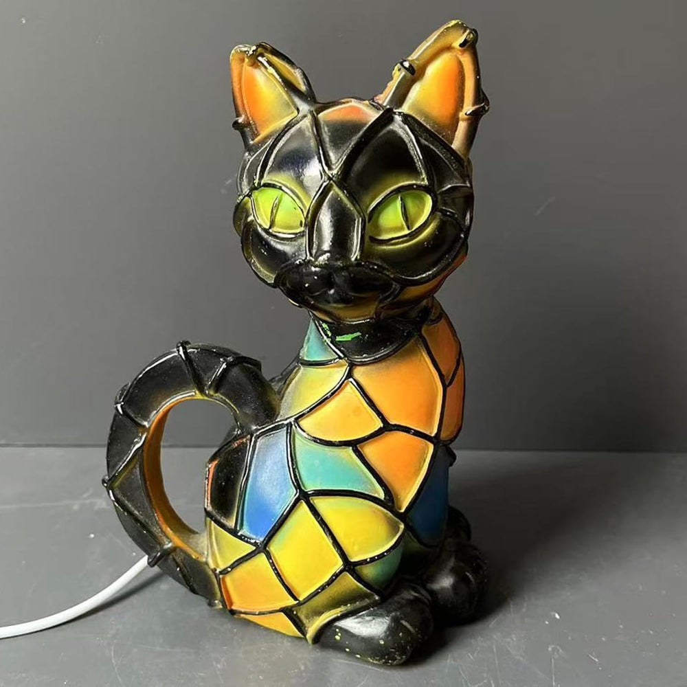 Tiffany-Tischlampe mit Katzenfigur aus Buntglasmosaik