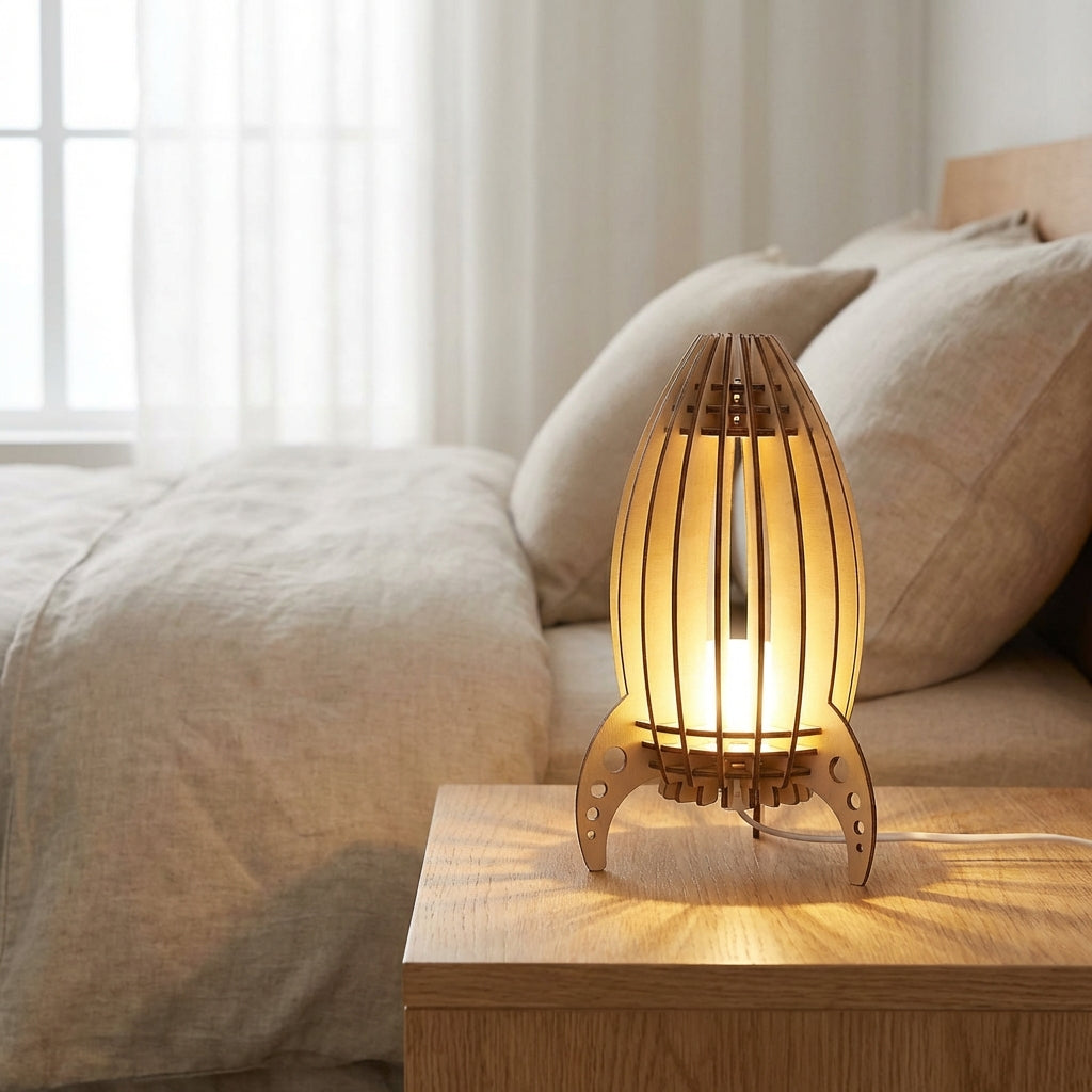 Verspielte Tischlampe aus Buchenholz mit geschlitzter Raketen-Silhouette