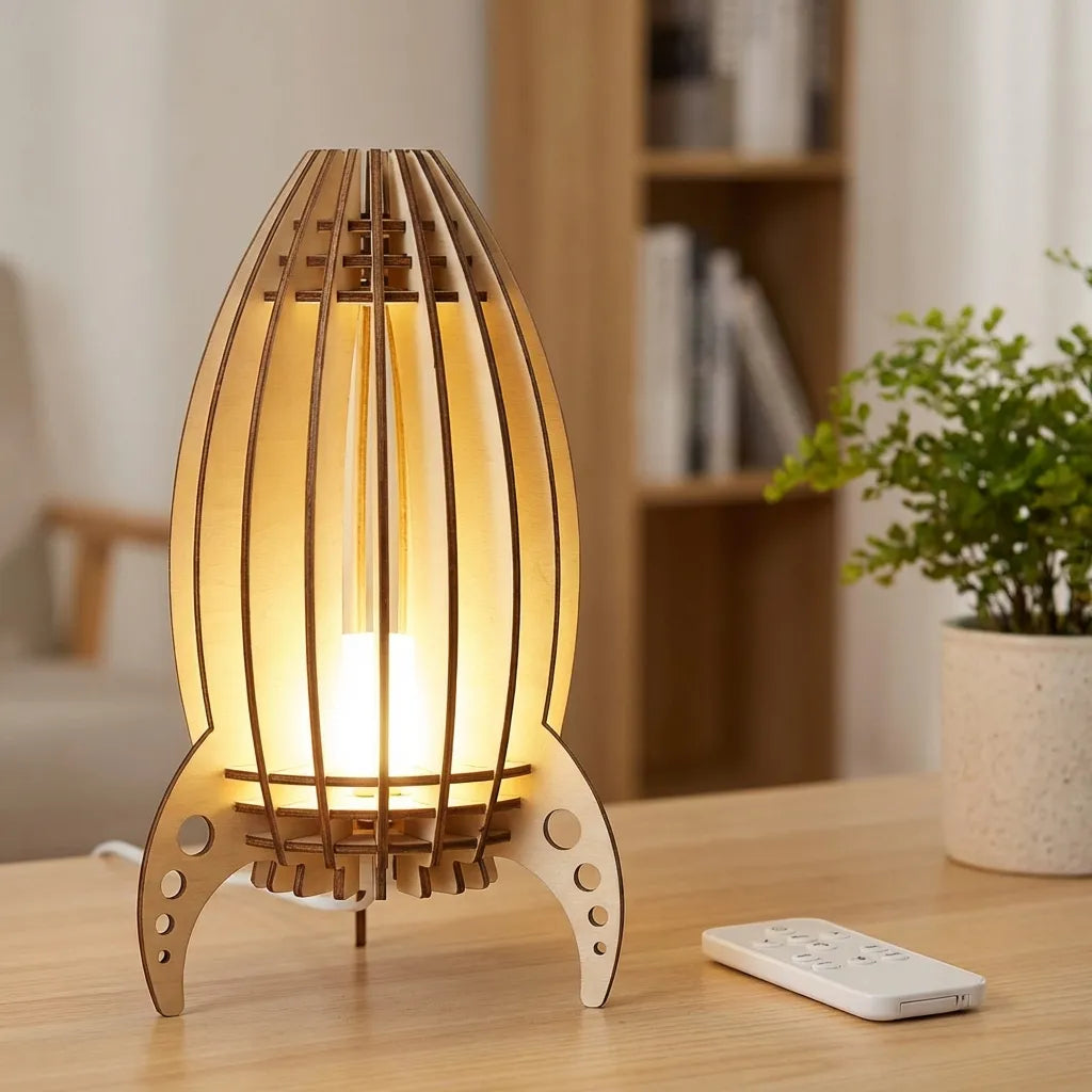 Verspielte Tischlampe aus Buchenholz mit geschlitzter Raketen-Silhouette