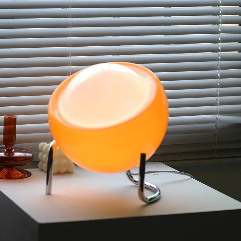 Bauhaus skulpturel glasbordlampe med struktureret stålbase