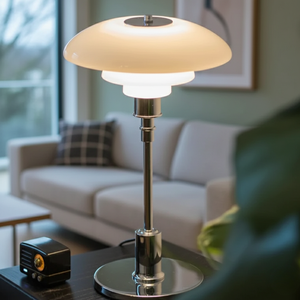Skandinavische Nachttischlampe aus transparentem Glas mit Metallfuß