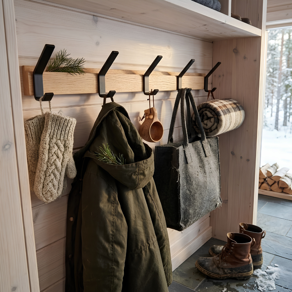 Minimalistische skandinavische Wandgarderobe aus Holz mit verstellbaren Haken