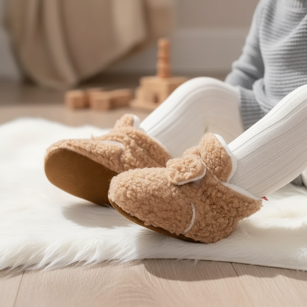 Bløde hjemmeskossokker til småbørn i teddystof med skridsikker sål og justerbar ankelrem