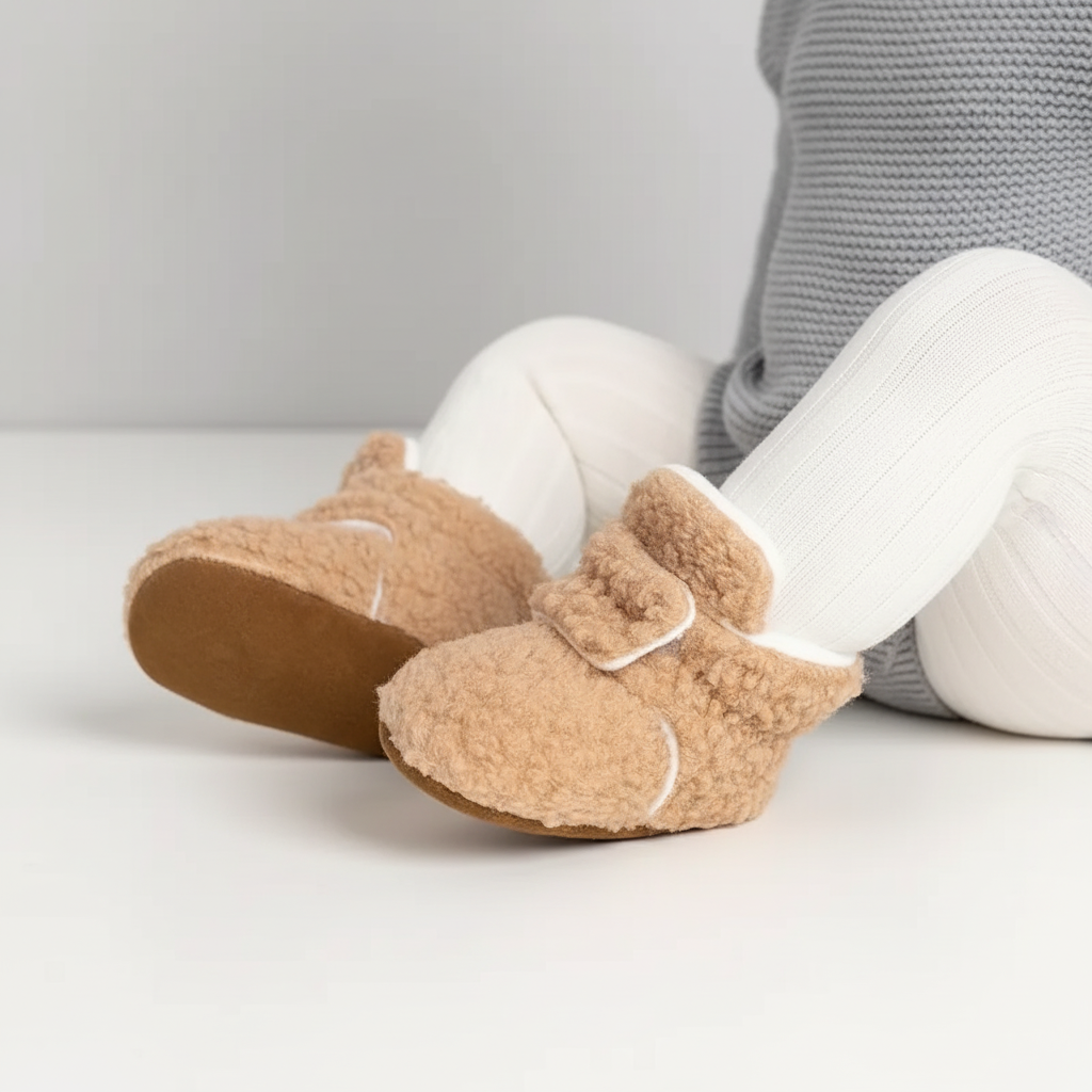 Bløde hjemmeskossokker til småbørn i teddystof med skridsikker sål og justerbar ankelrem