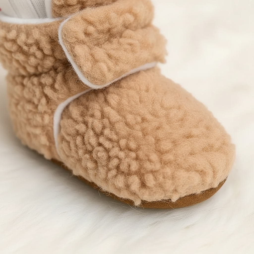 Bløde hjemmeskossokker til småbørn i teddystof med skridsikker sål og justerbar ankelrem