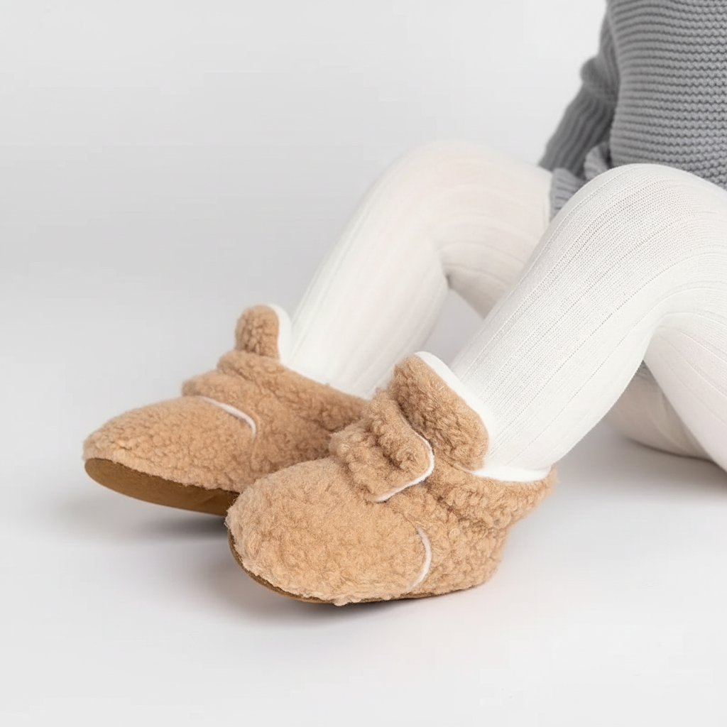 Bløde hjemmeskossokker til småbørn i teddystof med skridsikker sål og justerbar ankelrem