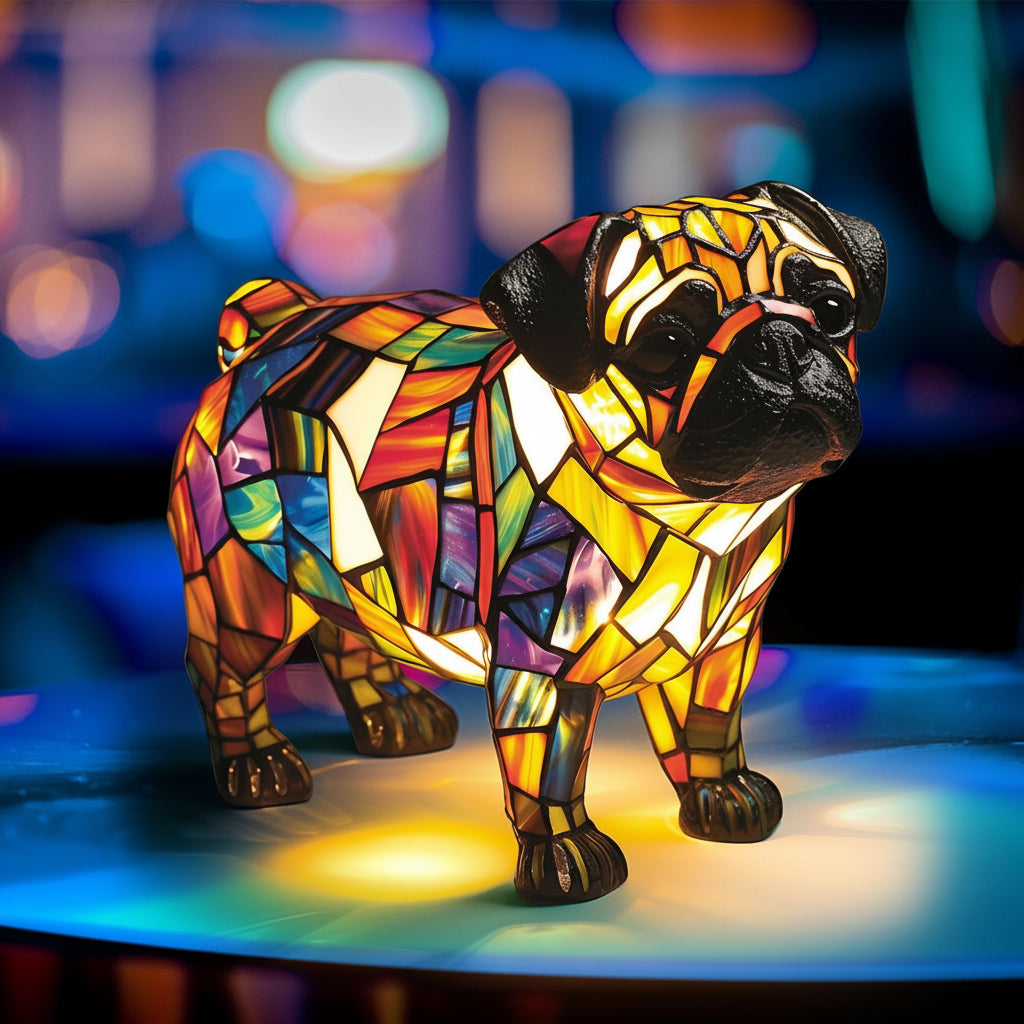 Akzent-Tischlampe mit skulpturaler Hundefigur aus Kunstharz und Buntglas