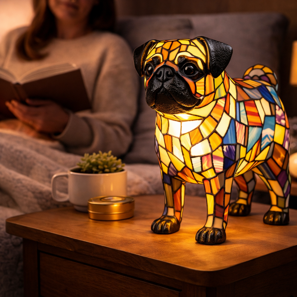 Dekorative Tier-Tischlampe mit Hundesilhouette aus Buntglas