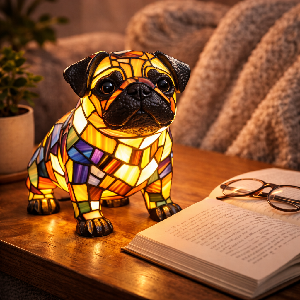 Nachtlicht und Tischlampe mit Hundefigur aus Buntglas und Kunstharz