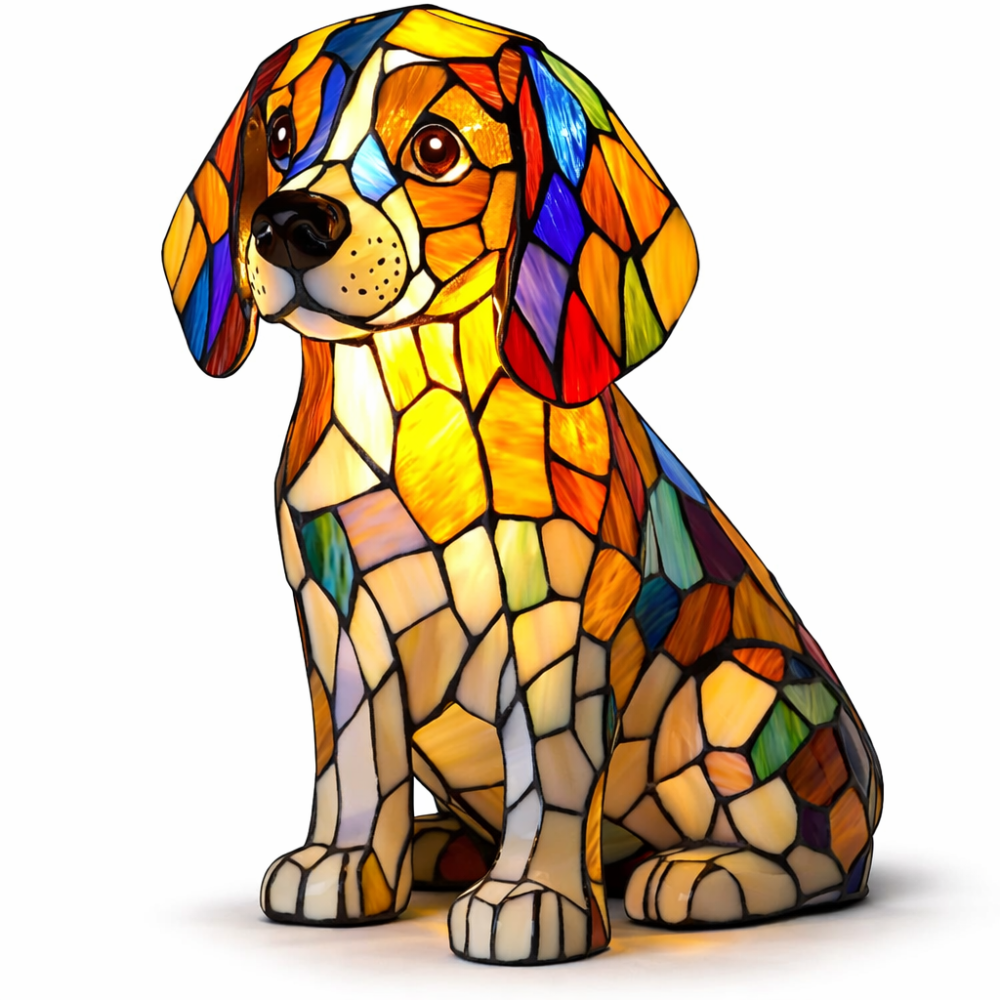 Dekorative Tier-Tischlampe mit Hundesilhouette aus Buntglas