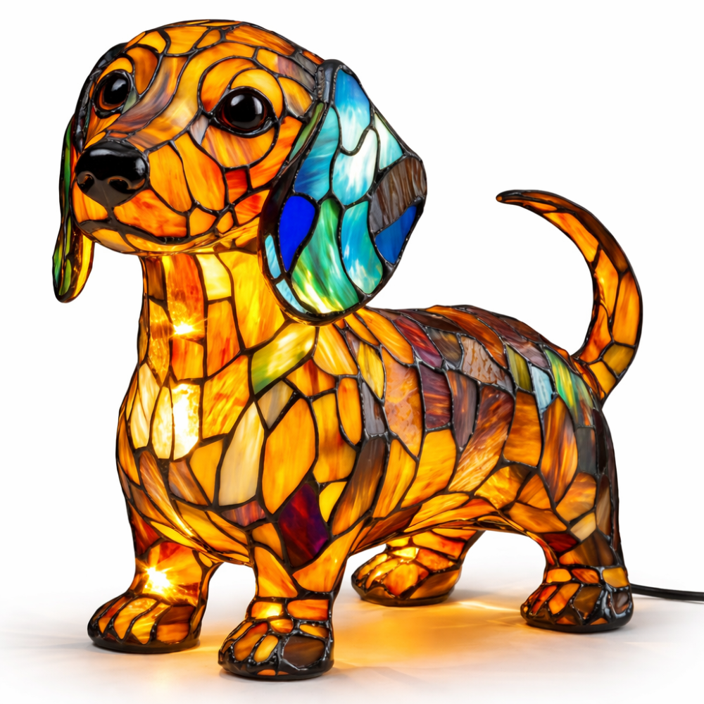 Dekorative Tier-Tischlampe mit Hundesilhouette aus Buntglas