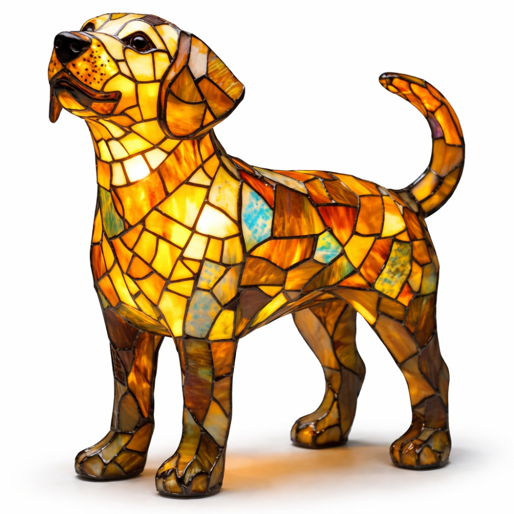Dekorative Tier-Tischlampe mit Hundesilhouette aus Buntglas