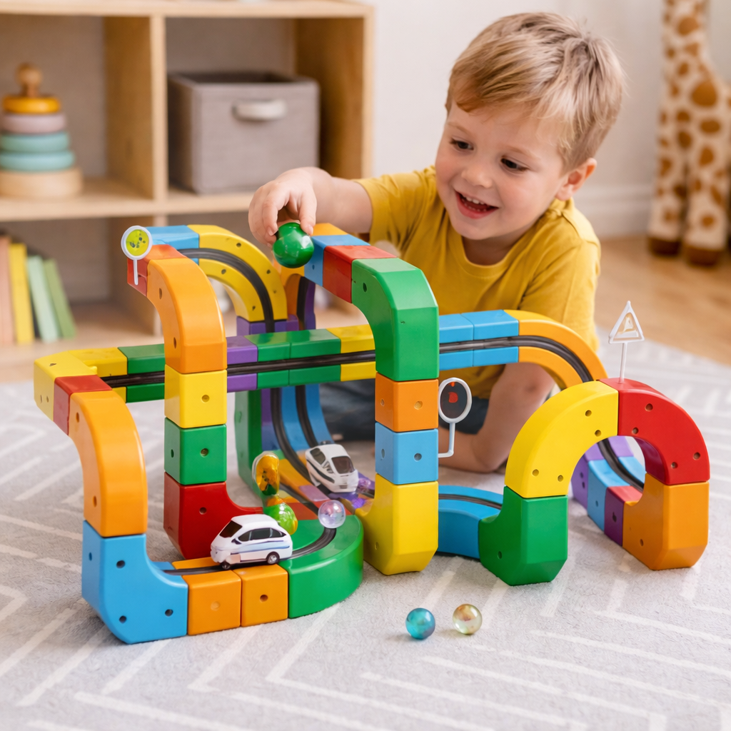 Stapelbares modulares Baustein-Spielzeugset mit Murmelbahn
