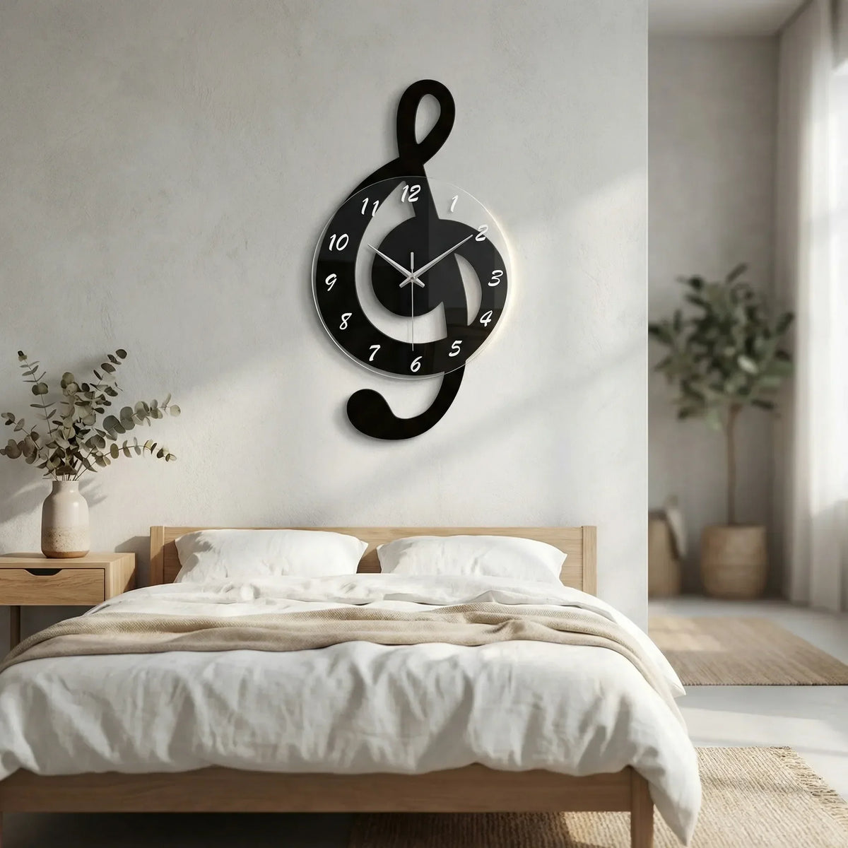 Analoge Wanduhr mit Silhouette eines Violinschlüssels