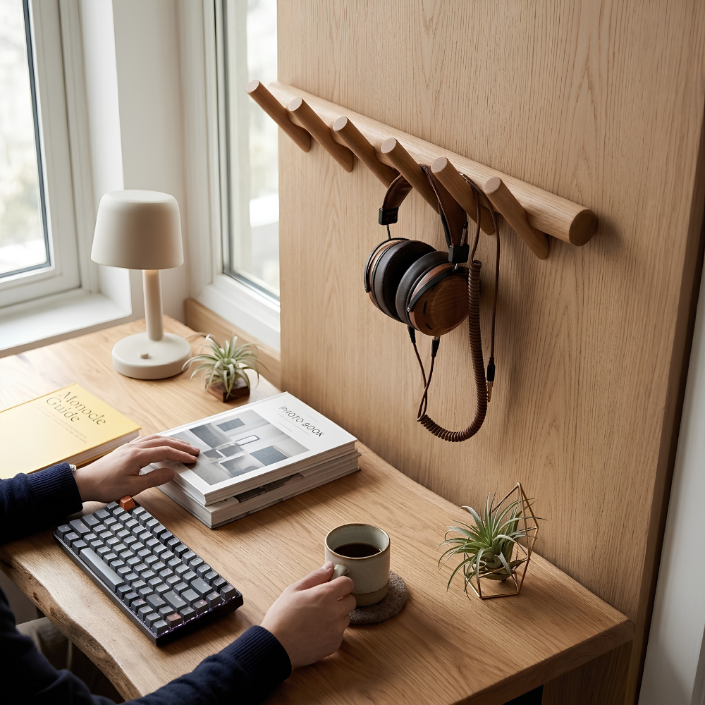 Minimalistische skandinavische Wandgarderobe aus massiver Eiche mit Haken