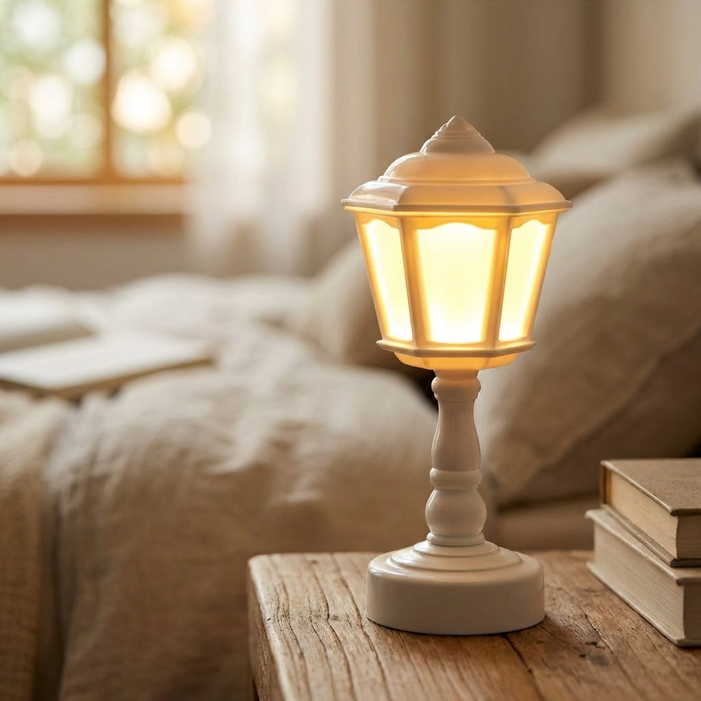 Kabellose batteriebetriebene Tischlampe mit Silhouette einer Vintage-Straßenlaterne