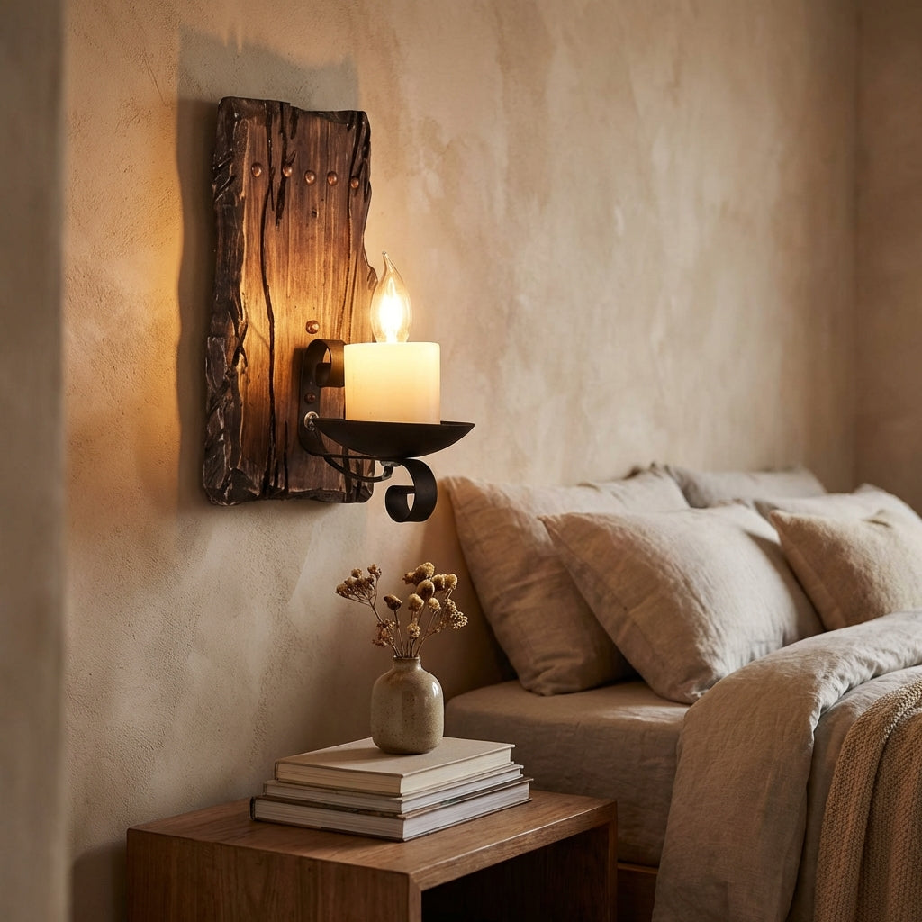 Rustikale handgefertigte Wandleuchte aus Naturholz mit Maserung und kerzenähnlichem Vintage-Design