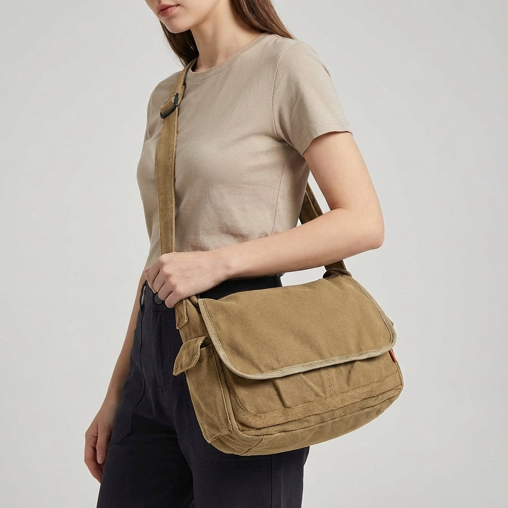 Vintage crossbody-skuldertaske i forstærket bomuldskanvas med justerbar rem