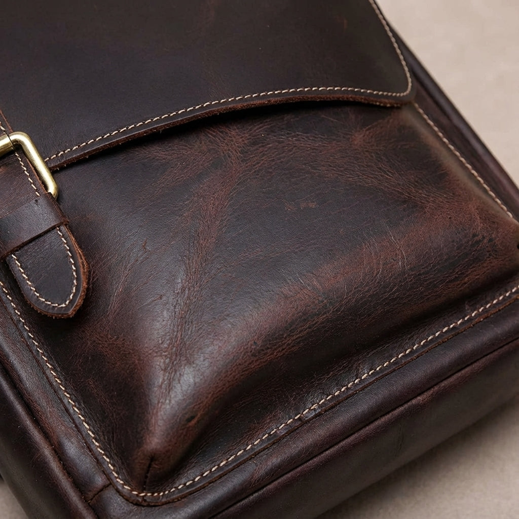 Vintage crossbody-skuldertaske i full-grain okselæder med tyverisikring og klap