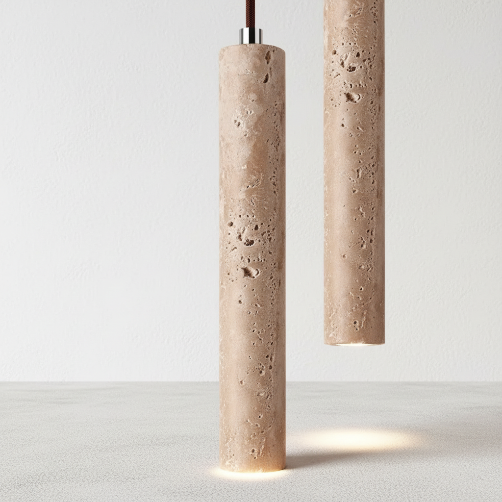 Schlanke organische Pendelleuchte mit Travertintextur im Wabi-Sabi-Stil