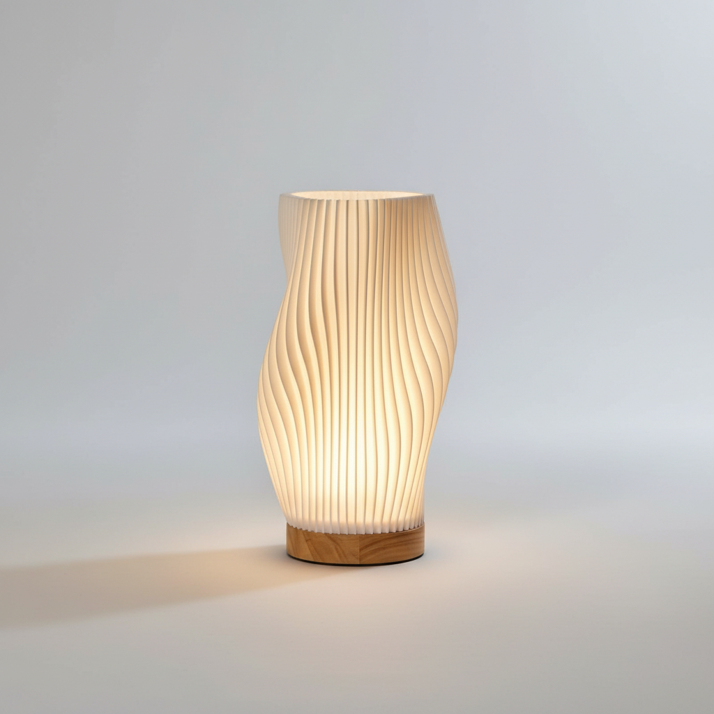 Skulpturel bølgeformet bordlampe med justerbar dæmpning og USB