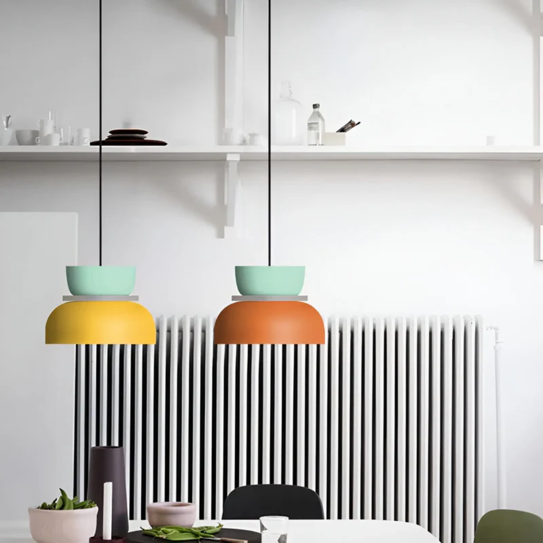 Pendelleuchte mit Macaron-Metalldom, mehreren Farben und einer Glühbirne