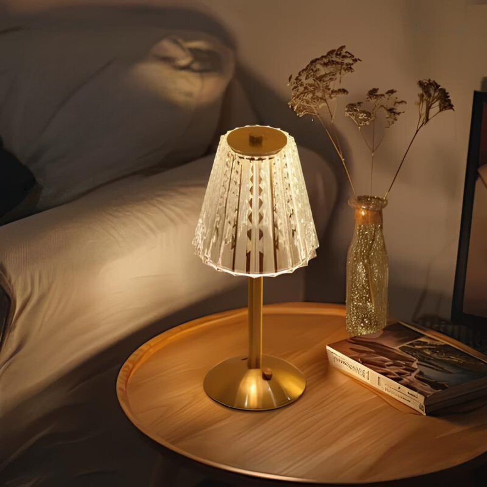 Wiederaufladbare Tischlampe mit Kristall-Lampenschirm, gebürstetem Aluminium und Touch-Steuerung