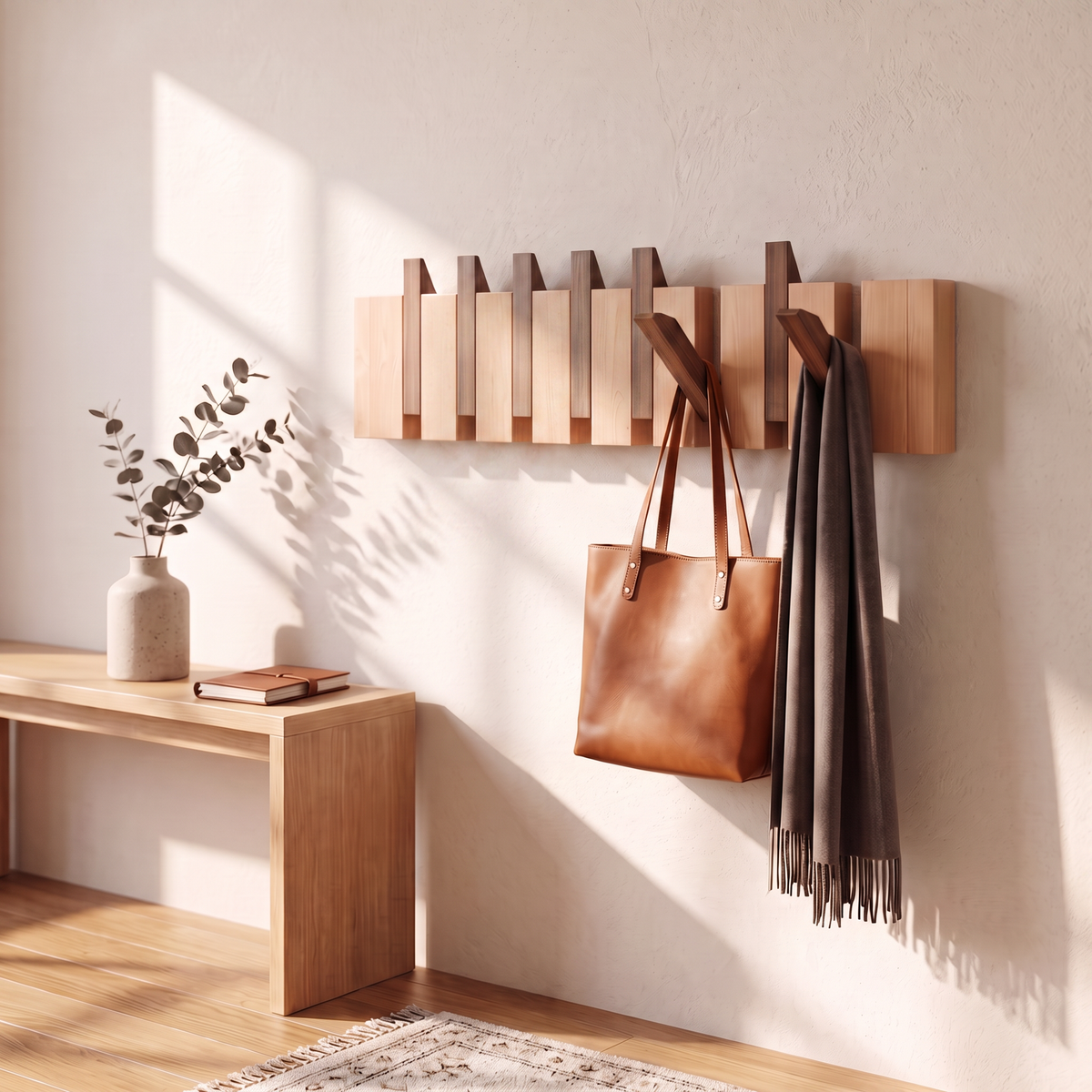 Klappbare Wandgarderobe aus Holz mit Paneelstruktur und Holzmaserung