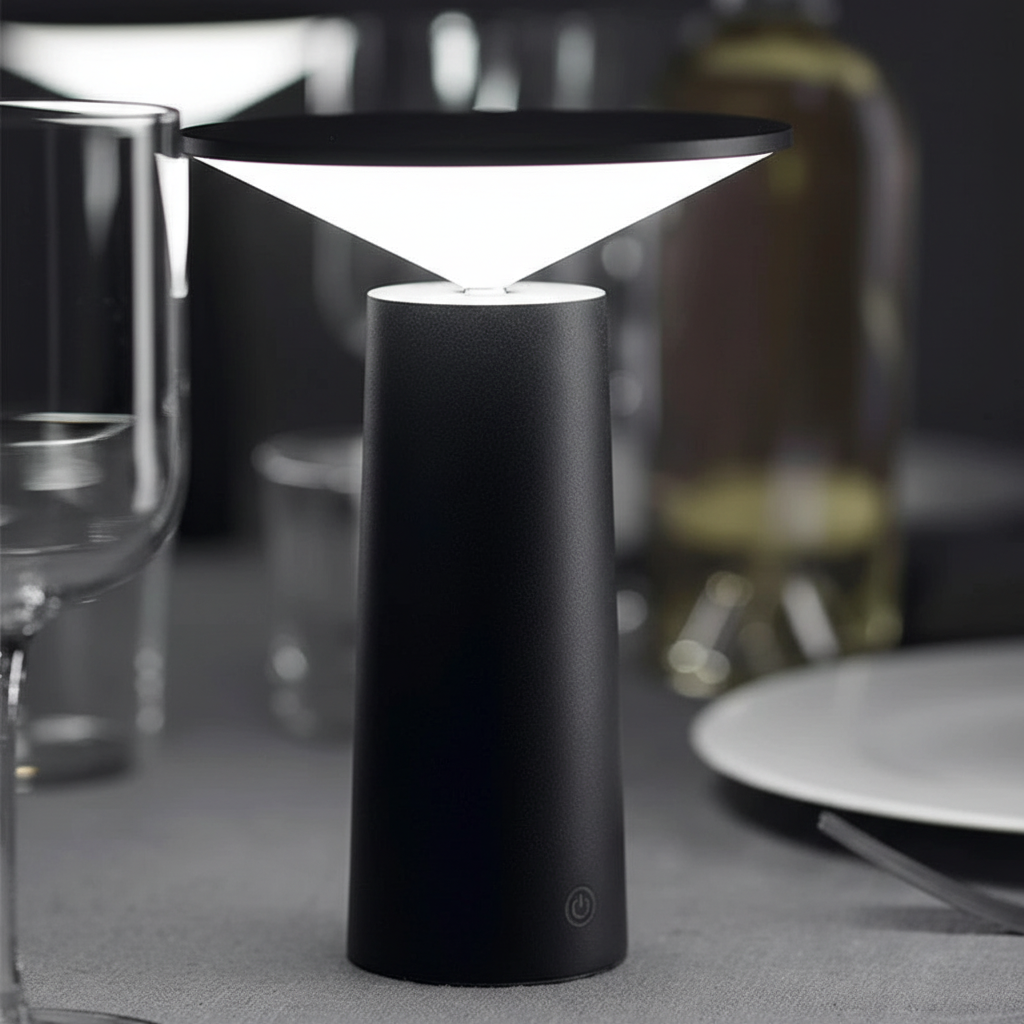 Schlanke minimalistische kabellose dimmbare Tischlampe mit dreh- und neigbarem Kopf