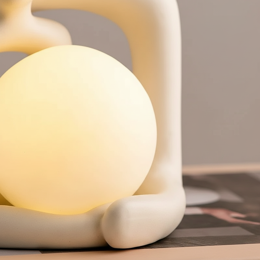 Skulpturel bordlampe i mat keramik med kugleform og indirekte lys
