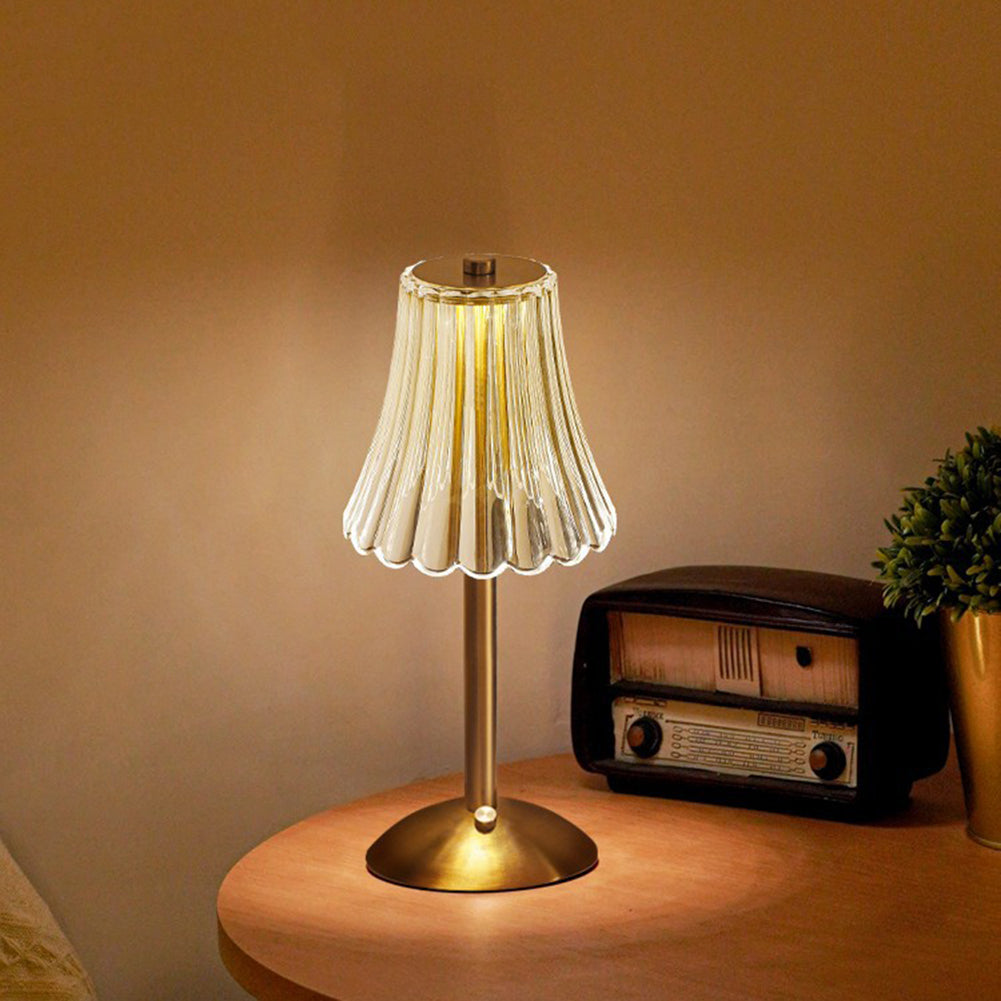 Retro genopladelig bordlampe med krystalskærm, børstet aluminium og touchbetjening